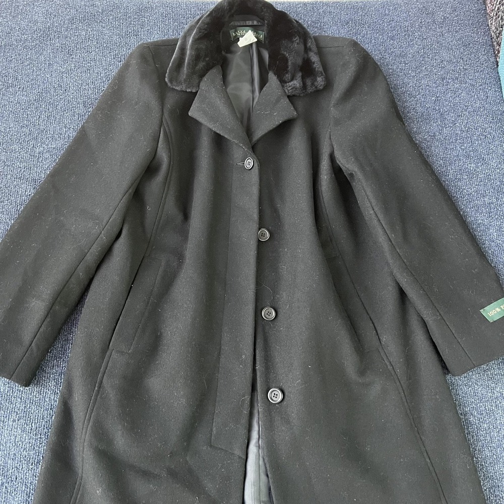 Herve Benard Long Wool Coat Womens 8 Black Faux Fur Collar Button Front Lined